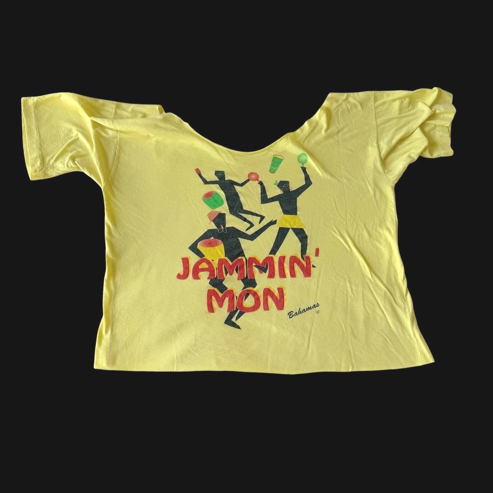 80's Vintage Jammin Mon Bahamas T-Shirt Yellow Cropped Raw Hem Single‎ Stitch L